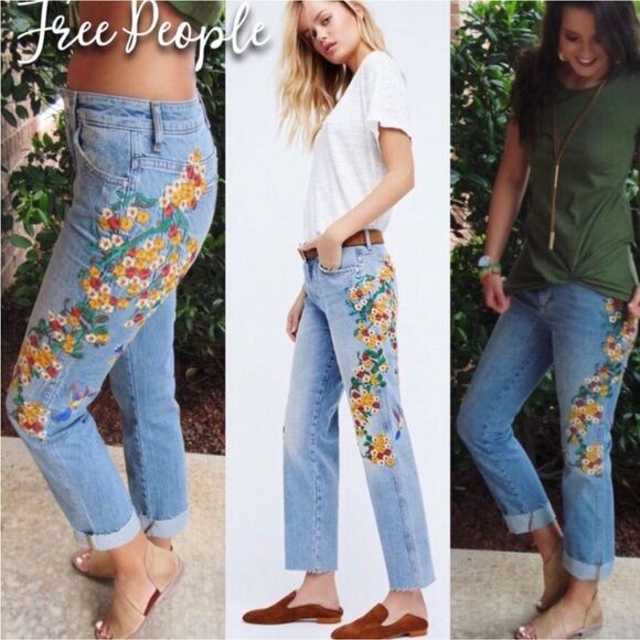 Free People Floral Embroidered Crop Girlfriend Jeans Light Wash Size 25 Coastal - Picture 1 of 16
